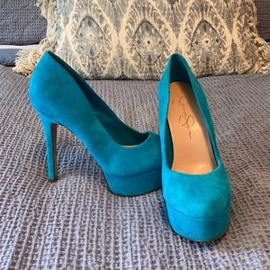 Blue Suede Platform Pumps